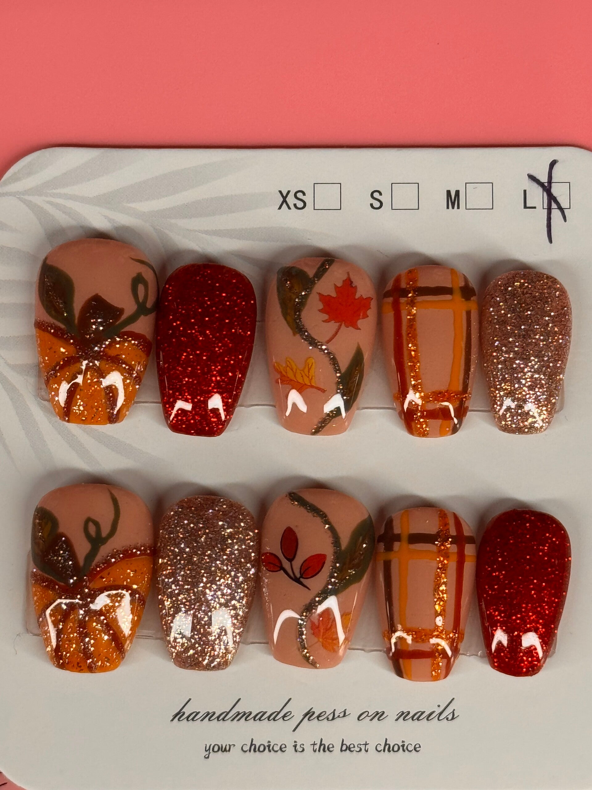 Fall Pumpkin, Leaves, Plaid & Glitter Press-On Nail Set