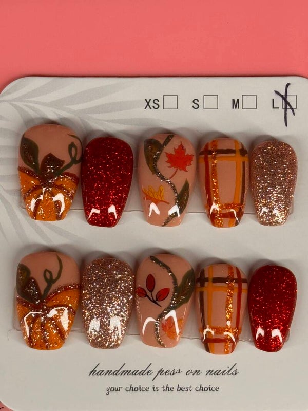 Fall Pumpkin, Leaves, Plaid & Glitter Press-On Nail Set