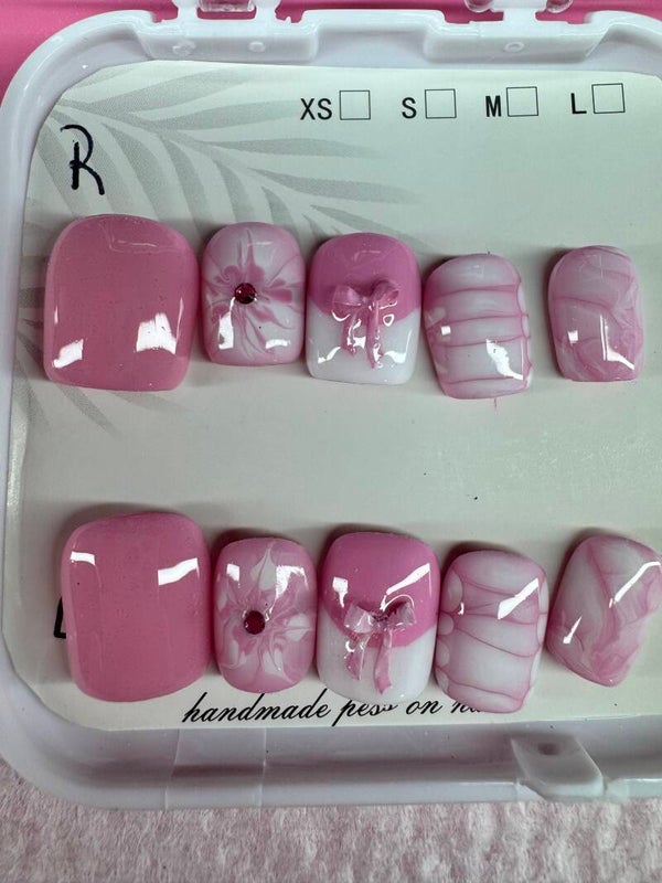 Handmade Pink Marble & Ribbon Bow Press-On Set