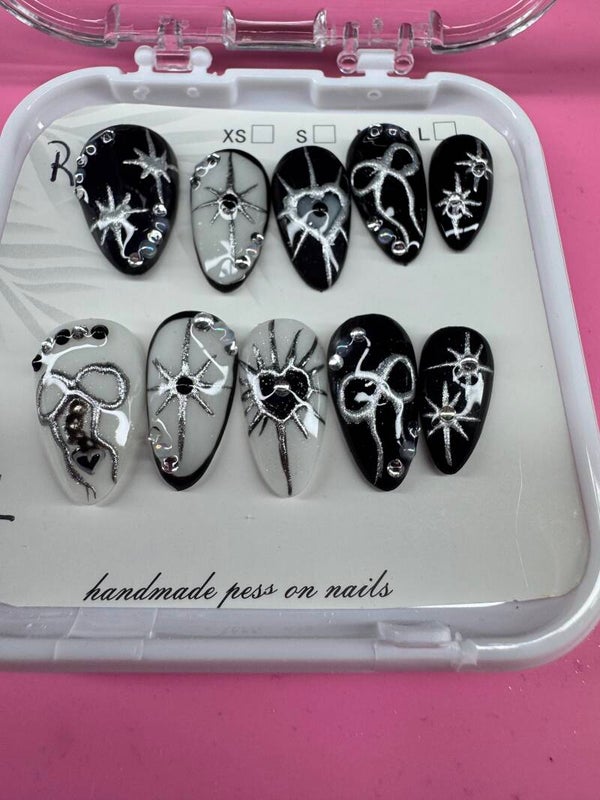 Handmade Monochromatic Celestial & Starburst Press-On Nails