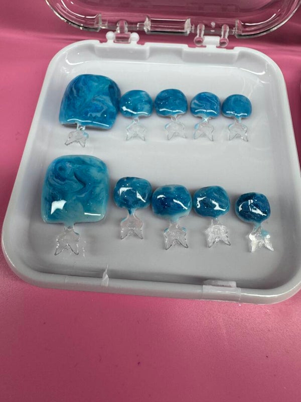 Handmade Ocean Swirl Blue Press-On Toenail Set