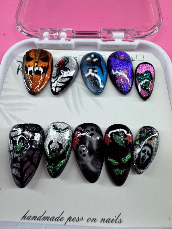 Handmade Spooky Season Cat Eye Press-On Nail Set