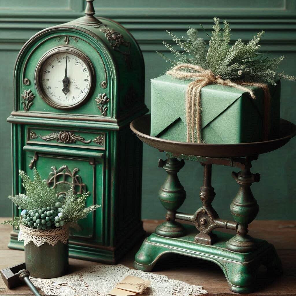 Joli colis vert sur balance verte vintage