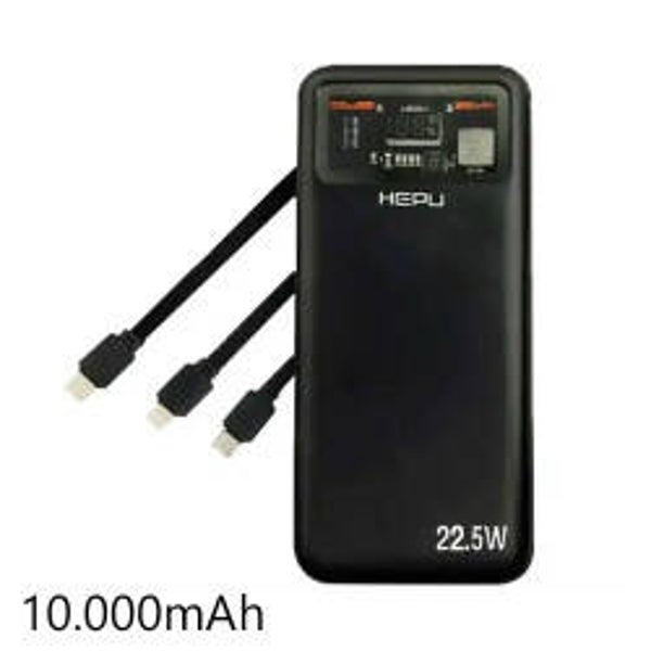 HEPU Powerbank 10000 mAh 22,5W mit Typ-C, Lightning & Micro-USB Kabel – Schwarz