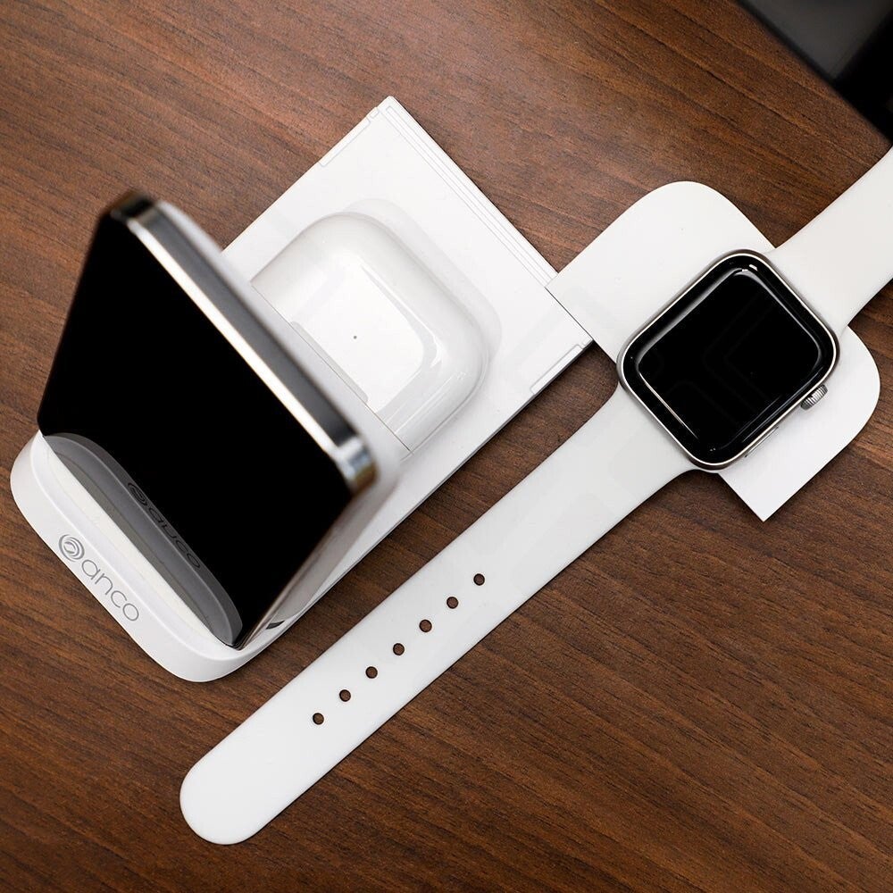 anco 3in1 Mobile Wireless Charger 15W – Induktive Ladestation für Smartphone, Watch & TWS – white