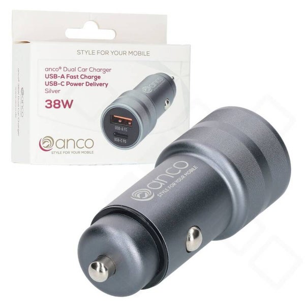 anco Dual Kfz Ladegerät 38W USB-A & USB-C Schnellladeadapter – silber