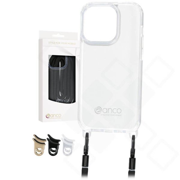 anco Lanyard Hülle mit Band für iPhone 15 Pro – transparent/schwarz/gold