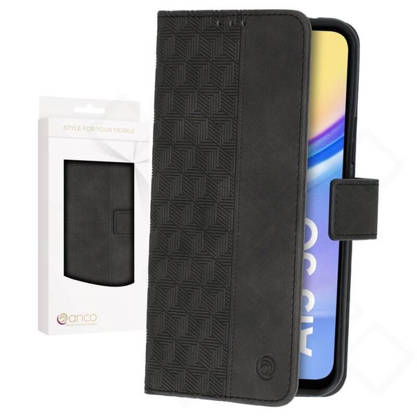 anco Bookcase Geometric Hülle für Samsung Galaxy A15 / A15 5G – Schwarz PU Leder mit Kartenfach