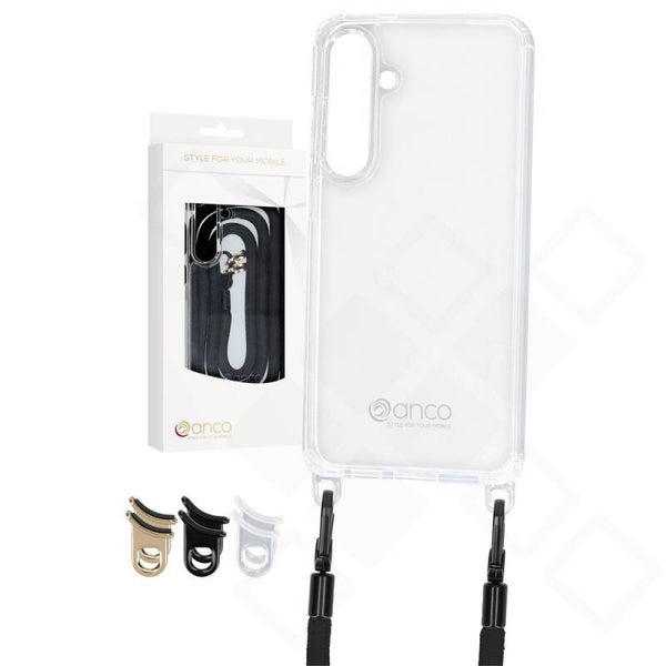anco Lanyard Hülle mit Band für Samsung Galaxy S24+ – transparent / schwarz
