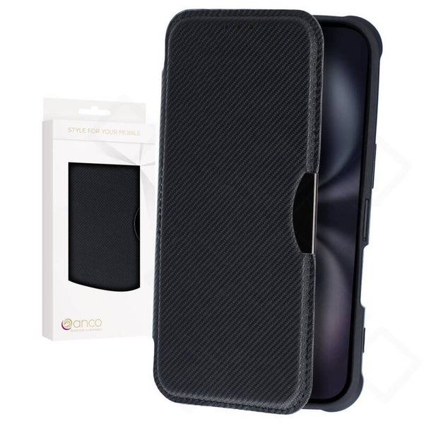 anco Bookcase Carbon Look für Apple iPhone 16, PU/PC/TPU Klapphülle mit Kartenfach