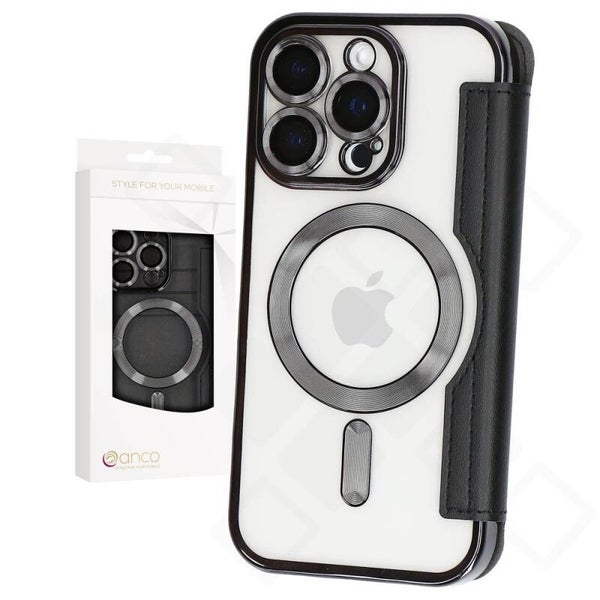 anco Bookcase Smart Mag für Apple iPhone 16 Pro, PU/TPU Hülle mit Kartenfächern, schwarz
