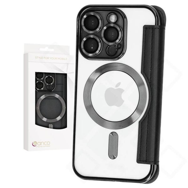 anco Bookcase Smart Mag für Apple iPhone 15 Pro, PU-TPU Klapphülle mit Kartenfächern, schwarz