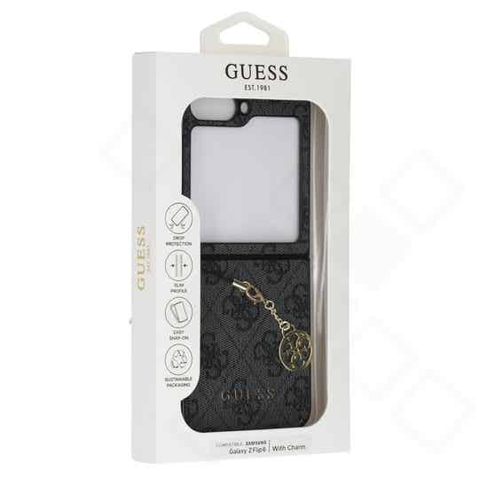 Guess 4G Charms Case für Samsung Galaxy Z Flip6 / Flip7 FE – Schwarz | Premium Handyhülle mit Anhänger & Stoffrückseite