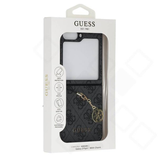 Guess 4G Charms Case für Samsung Galaxy Z Flip6 / Flip7 FE – Schwarz | Premium Handyhülle mit Anhänger & Stoffrückseite