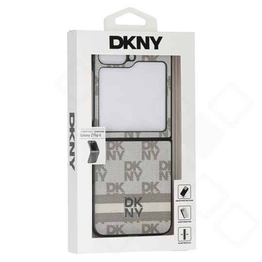 DKNY PU Leather Checkered & Stripe Case beige für Samsung Galaxy Z Flip6 / Flip7 FE – Edle Kunstleder-Hülle im Karodesign