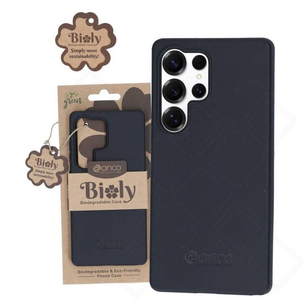anco Bioly Case für Samsung Galaxy S25 Ultra – schwarze Bio-Handyhülle aus abbaubarem Material, umweltfreundlicher Schutz mit Logo-Prägung