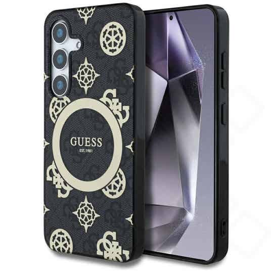 Guess 4G Peony Pattern Case für Samsung Galaxy S25 – Schwarz | Edle Handyhülle mit 4G-Muster & MagSafe-Ring