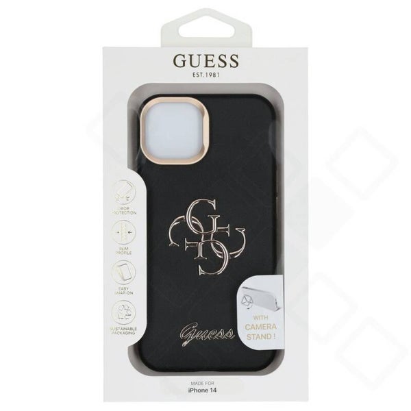 Guess 4G Logo Stand Case PU Grained für iPhone 13/14/15