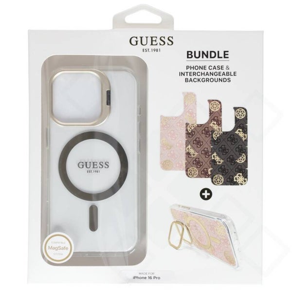 Guess Stand Case iPhone 16 Pro – braun mit Wechsel-Designs