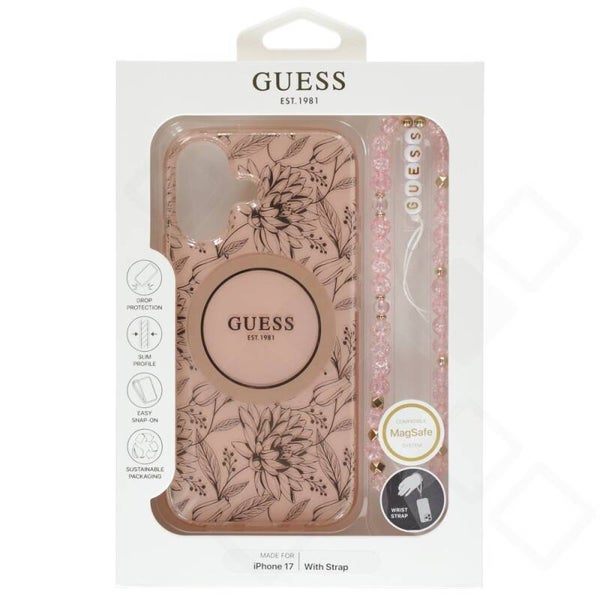 Guess IML Flowers Strap MagSafe Case iPhone 17 – Pink