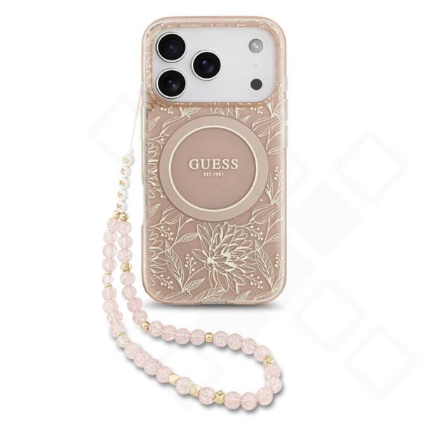 Guess MagSafe Hülle mit Blumen und Strap für iPhone 17 Pro – pink