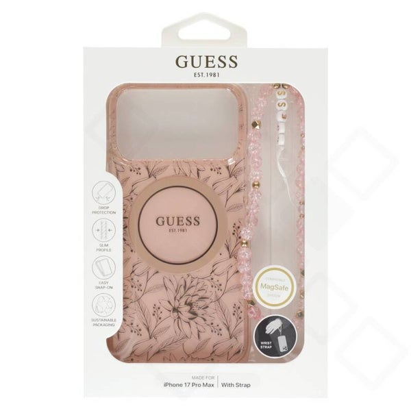 Guess IML Flowers Strap MagSafe Case für iPhone 17 Pro Max – Pink