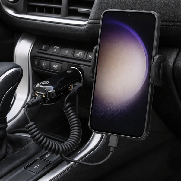 anco Autoladegerät 6A mit USB-C und 2× USB-A Hochleistungsports – 33W Kfz-Lader, Spiralkabel 40–130 cm, black