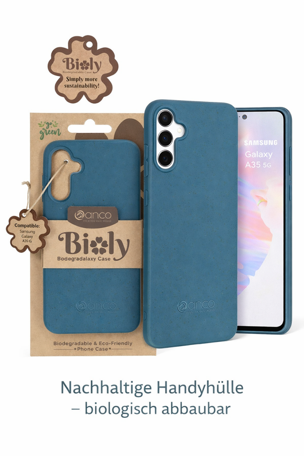 anco Bioly Case für Samsung Galaxy A35 5G, biologisch abbaubare Schutzhülle, blau