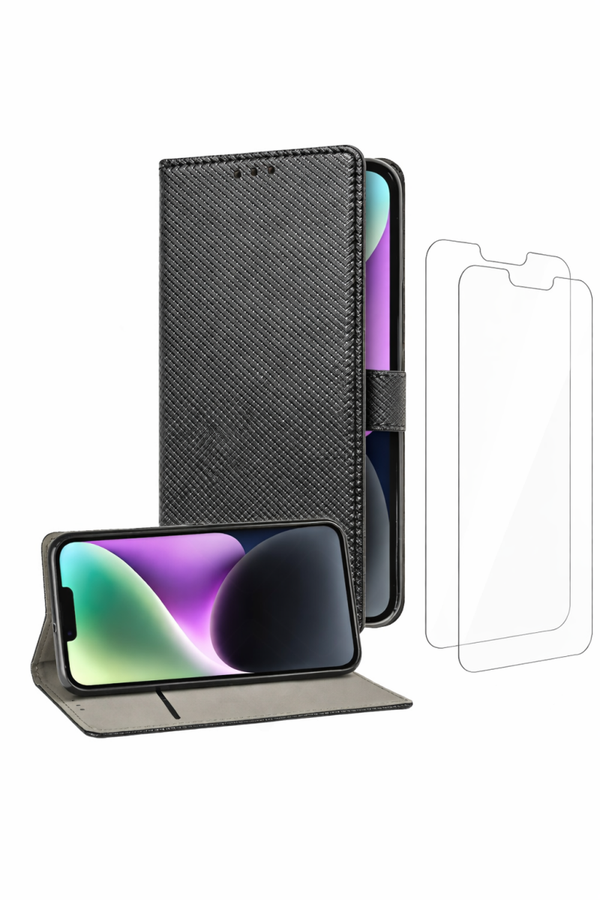 OKKES Tempered Glass 2er-Set + Bookcase Basic Magnetic für Apple iPhone 14 Plus