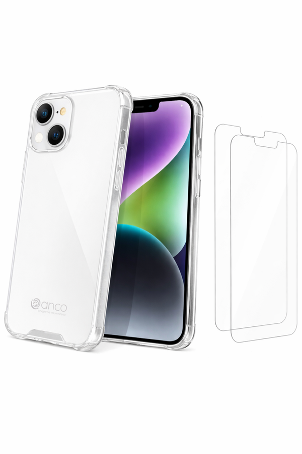 2× OKKES Tempered Glass + anco Protect TPU Case für Apple iPhone 14 Plus, transparent