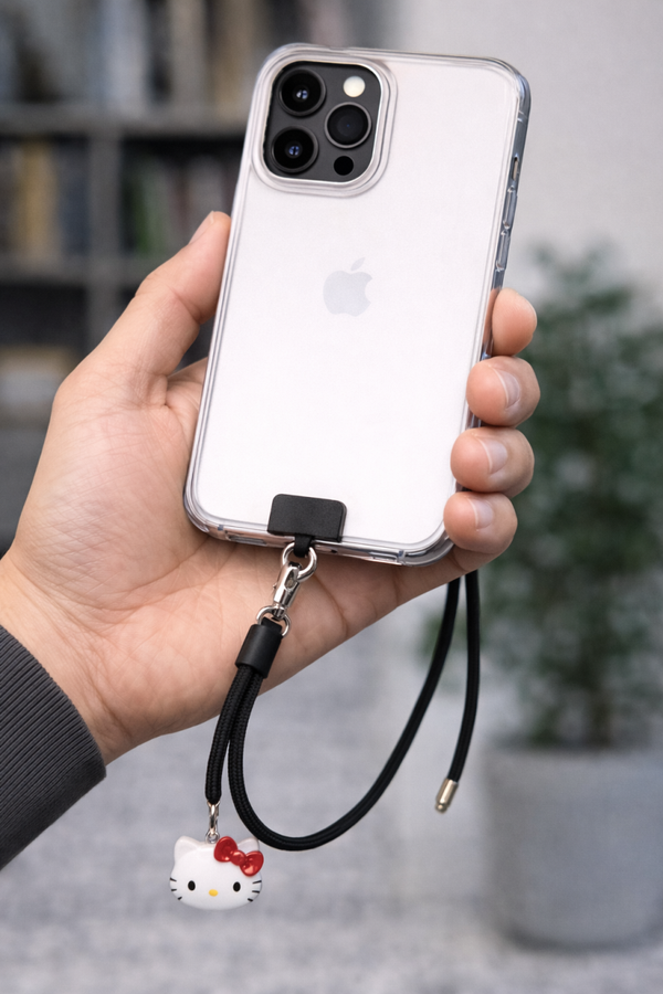 Hello Kitty Crossbody Strap Cord Head Charm – black, Universal Handy Lanyard mit Patch