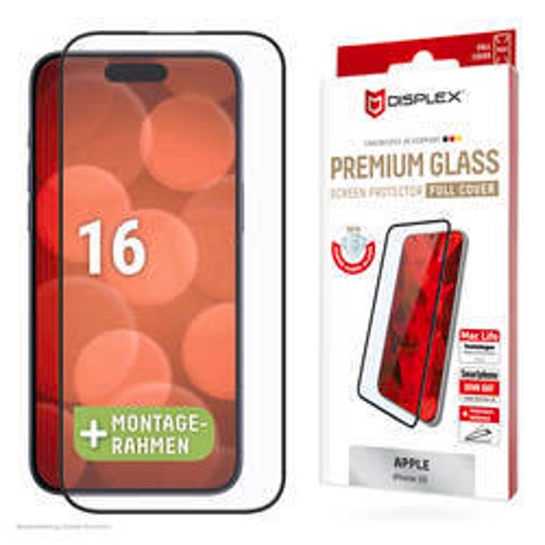DISPLEX Premium 3D Full Cover Panzerglas für iPhone 16 – mit EASY-ON Montagerahmen