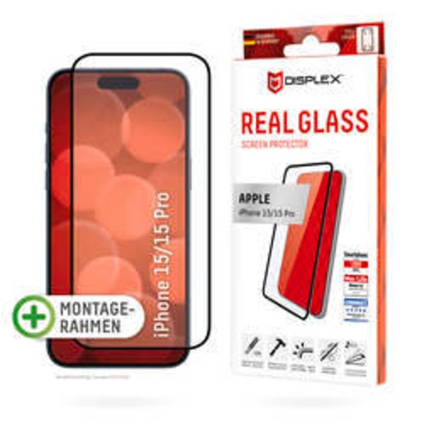 DISPLEX Real Glass Full Cover iPhone 15 / 15 Pro – 3D Panzerglas mit Montagerahmen