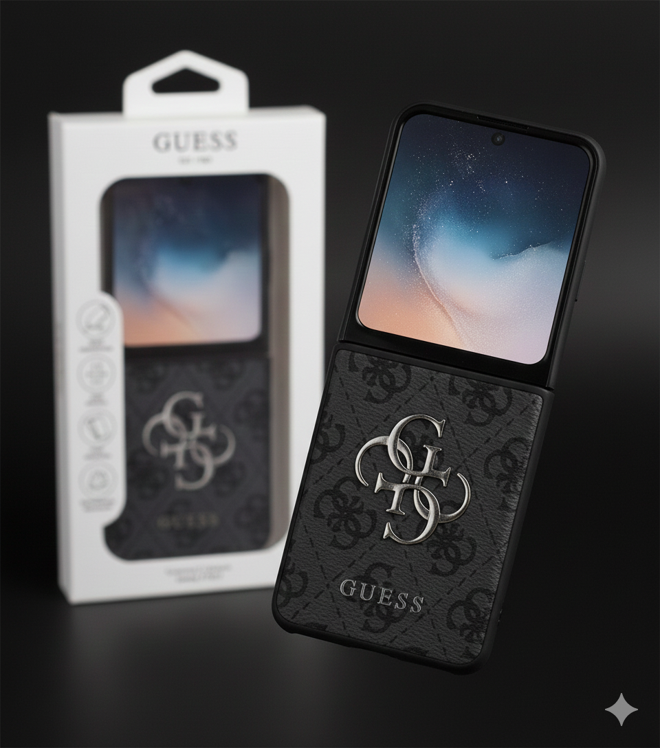 Guess PU 4G Metal Logo Case für Samsung Galaxy Z Flip6 & Flip7 FE, schwarze PU-Leder Hülle