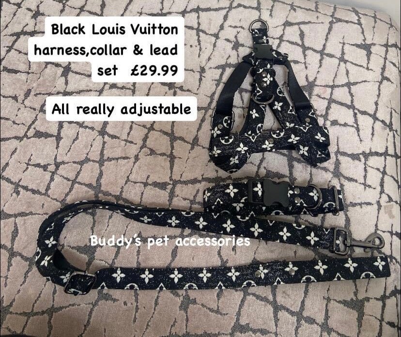 BLACK CHEWY VUITTON HARNESS, COLLAR & LEAD
