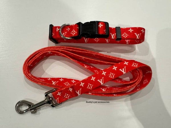 RED CHEWY VUITTON COLLAR & LEAD