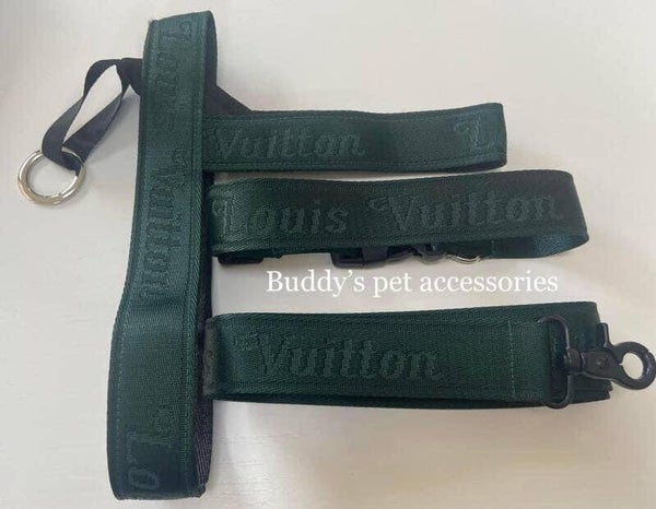 GREEN CHEWY VUITTON HARNESS, COLLAR & LEAD