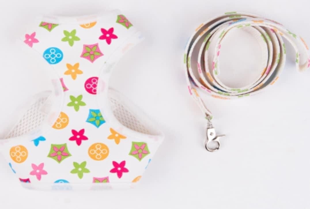 WHITE CHEWY VUITTON PUPPY HARNESS & LEAD