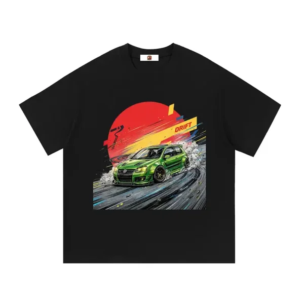 Green Volkswagen Golf R Hatchback Widebody Drift Graphic T-Shirt - Series 2 (Red Sun / Drift Edition)