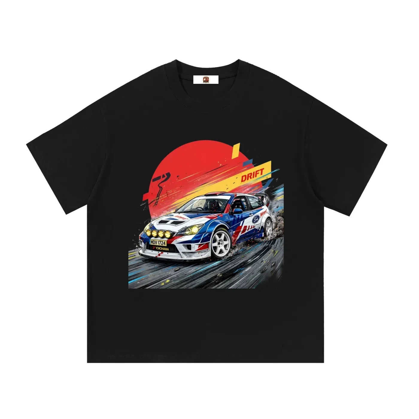 Blue and White Ford Focus WRC Rally Drift Graphic T-Shirt - Series 2 (Red Sun / Drift Edition)