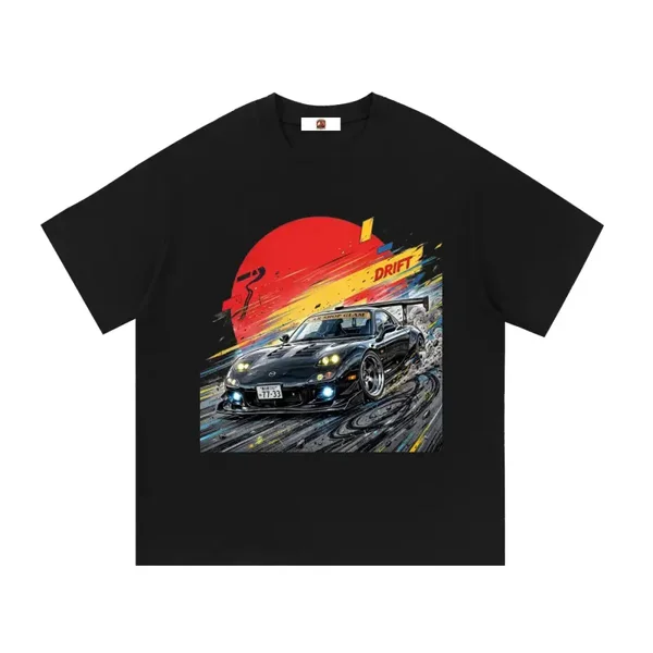 Black Car Shop GLAM Mazda RX-7 FD Drift Graphic T-Shirt - Series 2 (Red Sun / Drift Edition)