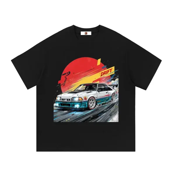 White and Teal Ford Mustang Fox Body Drift Graphic T-Shirt - Series 2 (Red Sun / Drift Edition)