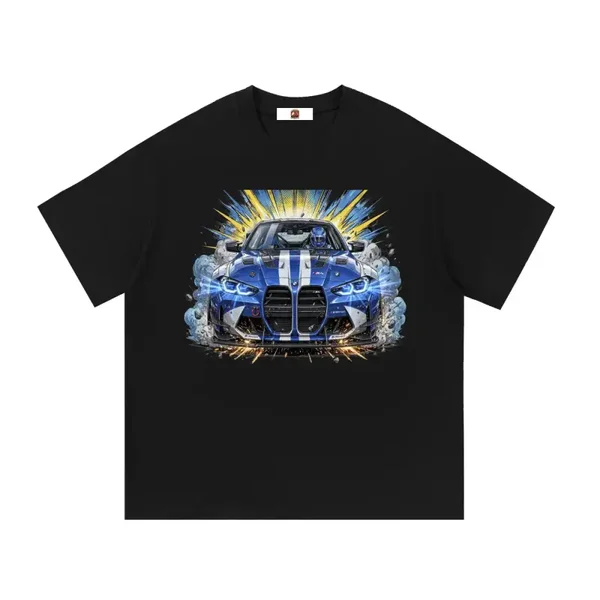 Blue BMW M4 GT3 Twin Racing Stripe Graphic T-Shirt - Black