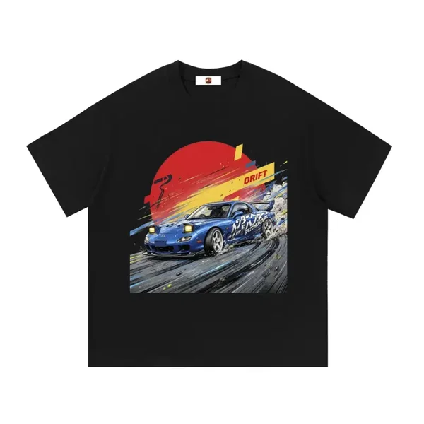 Blue Speedhunters Mazda RX-7 FD Pop-Up Headlight Drift Graphic T-Shirt - Series 2 (Red Sun / Drift Edition)