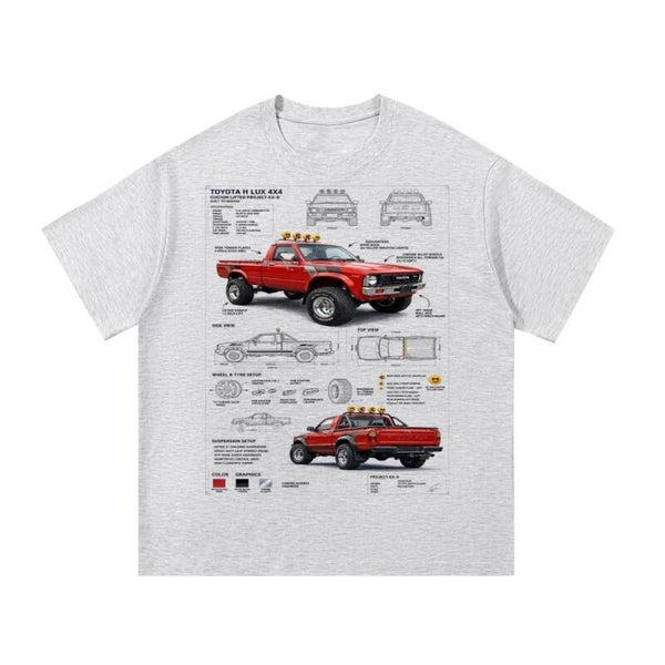Hilux 4x4 Lifted Custom Blueprint Tee | Red Toyota Pickup Lifted Shirt | RedKats