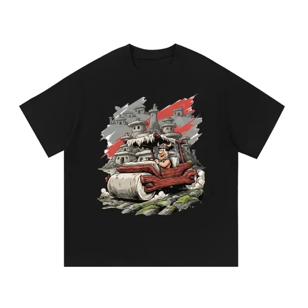 Prehistoric Cartoon Family Car Graphic Tee - Stone-Age Classic Cartoon Shirt