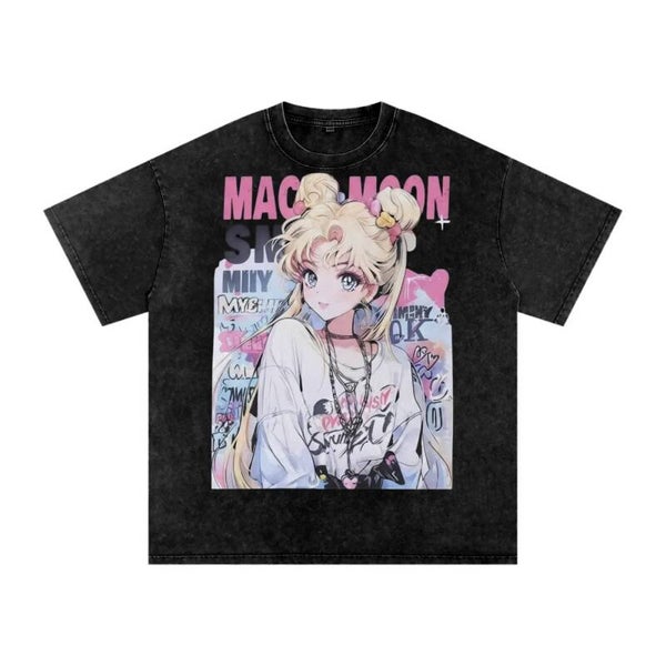 Sailor Moon Streetwear T-Shirt - Vintage Black Washed Kawaii Graphic Tee