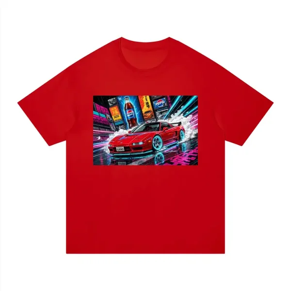 Red NSX Tokyo Neon Drift Graphic T-Shirt - Unisex Regular Fit Cotton Tee | 90s JDM Supercar Night City Shirt