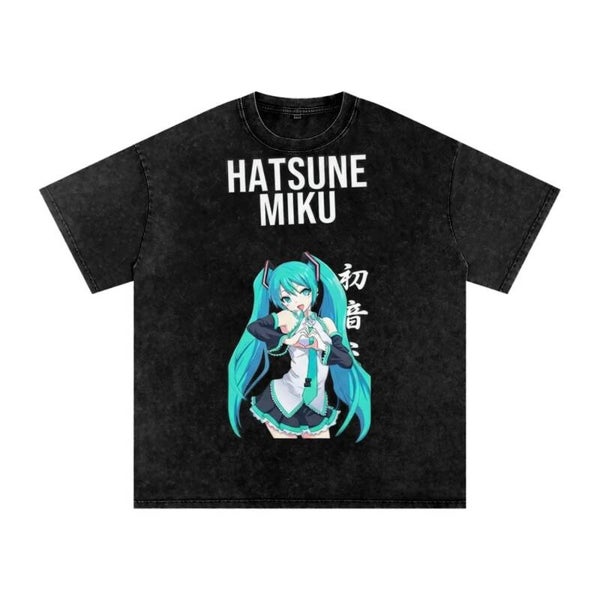 HATSUNE MIKU Vintage Tee - Kawaii Black Washed Vocaloid Shirt