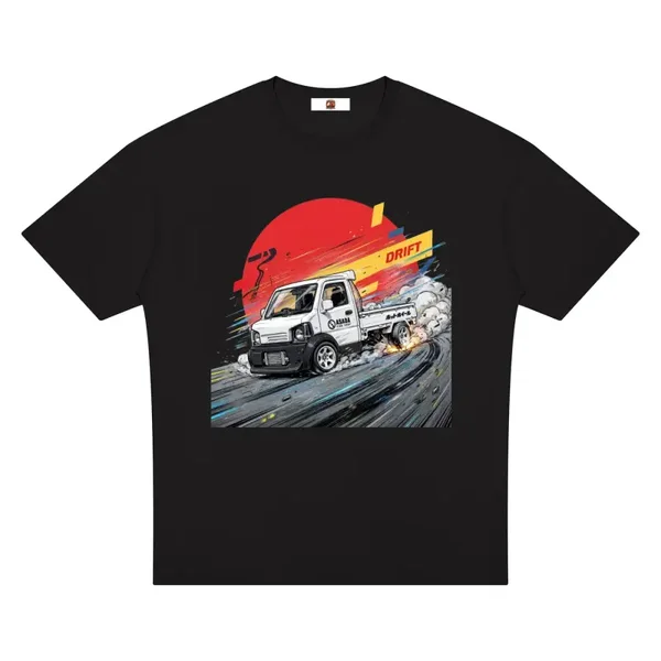 Japanese Kei Truck Asada Tire Shop Drift Graphic T-Shirt - Series 2 (Red Sun / Drift Edition)